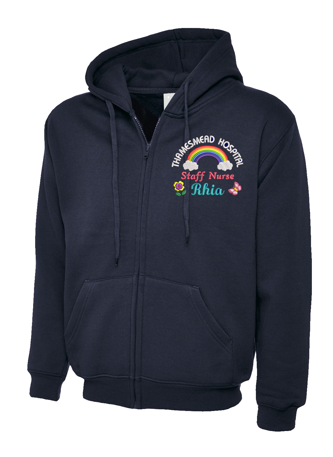 NHS Personalised Hoodie Jackets With Rainbow, Butterfly and Flower Embroidery Designs.