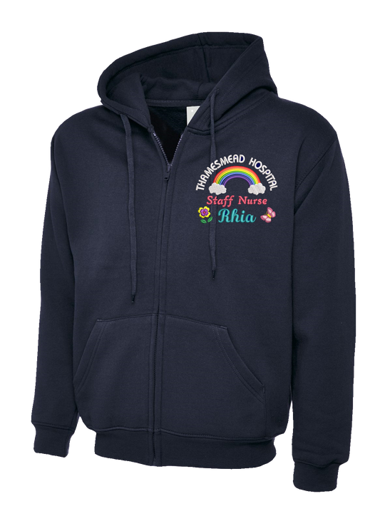 NHS Personalised Hoodie Jackets With Rainbow, Butterfly and Flower Embroidery Designs.