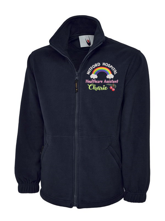 NHS Personalised Classic Fleece Jackets With Rainbow and Sweet Cherries Embroidery Designs.